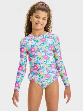 NEW - CAT & JACK Girls' Floral Printed Long Sleeve One Piece Rash Guard | XS 4-5